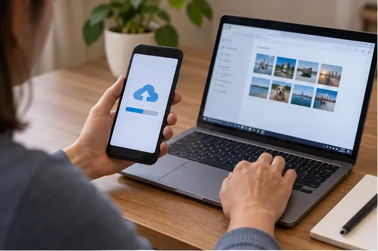 Una persona esegue il backup dei dati di uno smartphone usando un computer portatile prima dello smaltimento