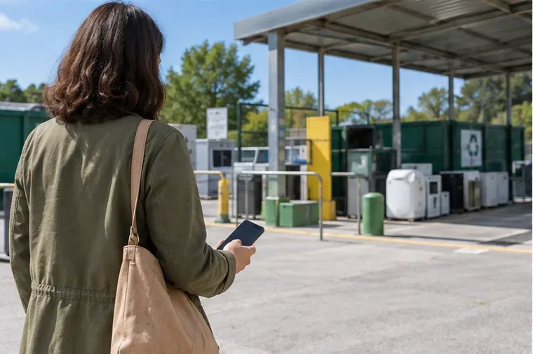 Una cittadina arriva con uno smartphone in mano presso un centro di raccolta attrezzato per rifiuti elettrici