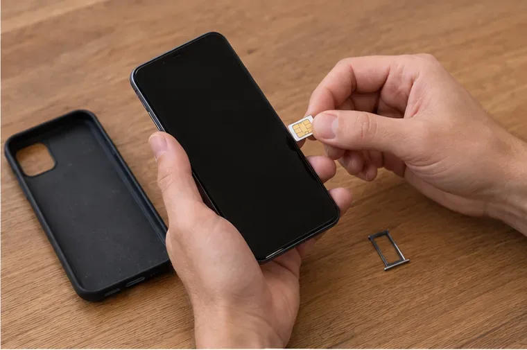 Una persona rimuove la scheda SIM da uno smartphone appoggiato su un tavolo