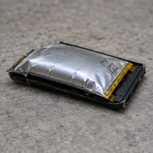 Uno smartphone aperto con batteria agli ioni di litio visibilmente gonfia, isolato su una superficie non infiammabile