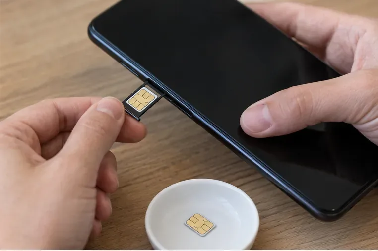Mani che estraggono il vassoio della SIM da uno smartphone prima del riciclo