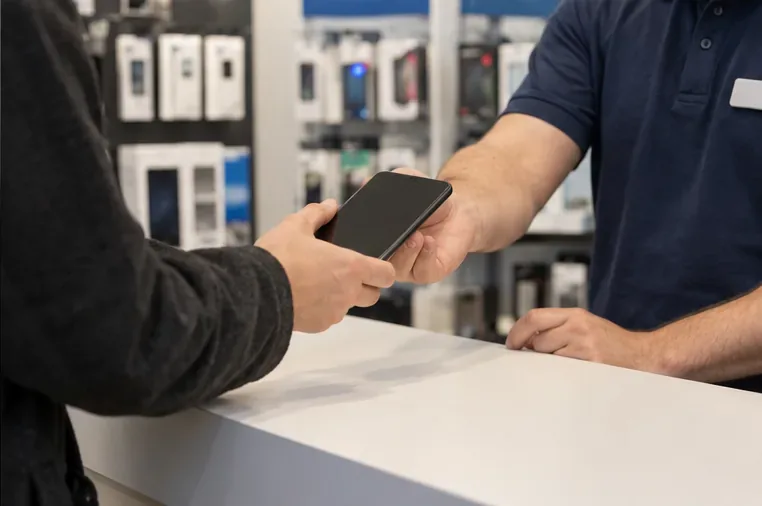Cliente che consegna uno smartphone a un addetto al banco di un negozio di elettronica