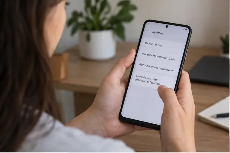 Persona che tiene uno smartphone e apre una schermata di ripristino prima del conferimento come RAEE