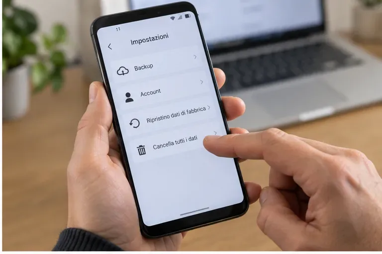 Persona che apre le impostazioni di uno smartphone per il backup e il ripristino dei dati