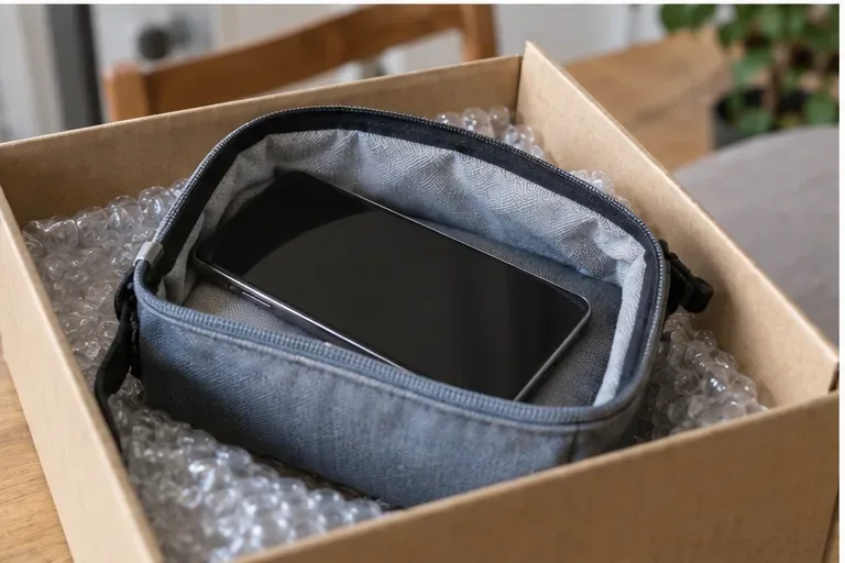 Smartphone protetto in una custodia imbottita dentro una scatola per il trasporto