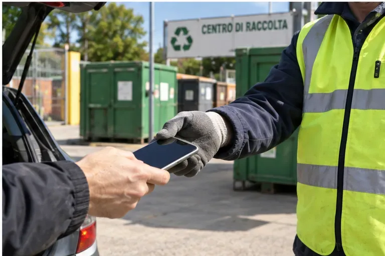 Cittadino che consegna uno smartphone a un addetto davanti a un centro di raccolta