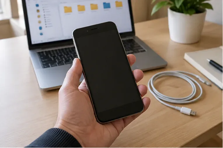 Una persona tiene in mano un vecchio smartphone davanti a un computer e a un cavo, pronta a salvare i dati prima del conferimento RAEE