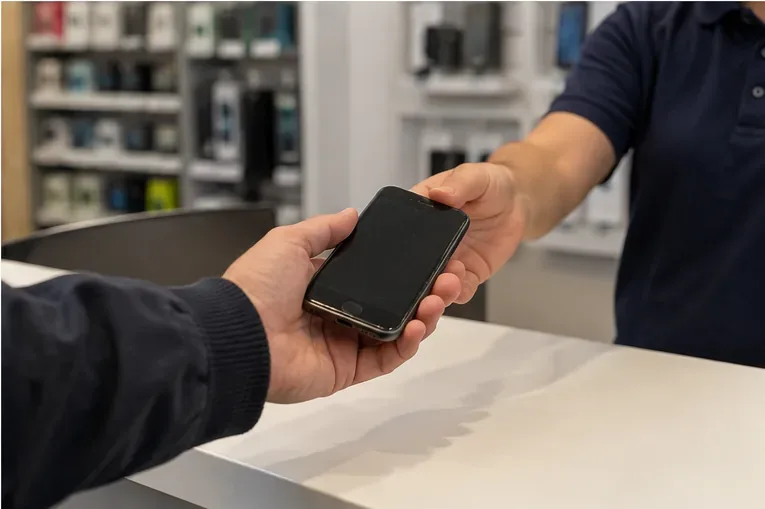 Un cliente consegna un vecchio smartphone a un addetto al banco di un negozio di elettronica