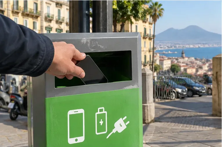 Una mano inserisce un vecchio smartphone in un contenitore verde dedicato ai piccoli rifiuti elettronici con Napoli e il Vesuvio sullo sfondo