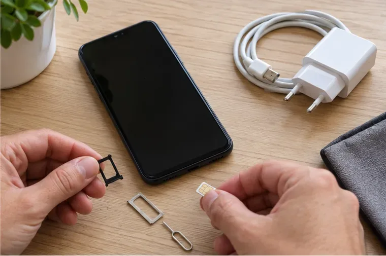 Smartphone spento su un tavolo con SIM rimossa, caricatore e cavo accanto