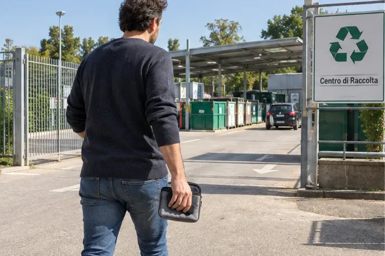 Una persona entra in un centro di raccolta portando un vecchio smartphone protetto in una custodia