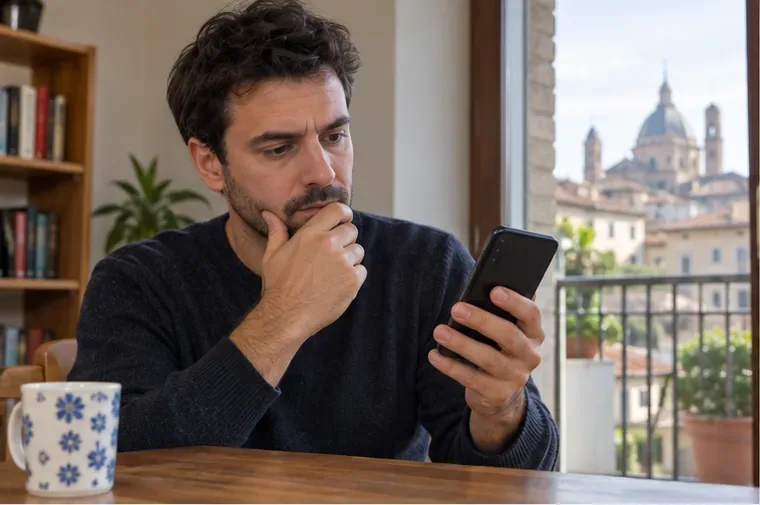 Un uomo osserva un vecchio smartphone in casa prima di decidere se riutilizzarlo o conferirlo come RAEE