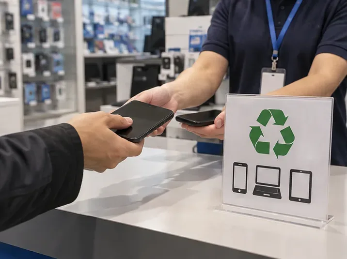 Un cliente consegna un vecchio smartphone al banco di un negozio di elettronica con simbolo di riciclo