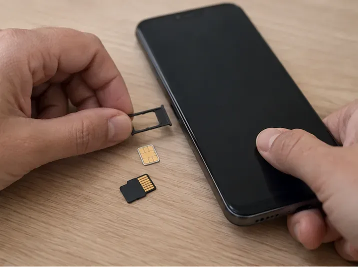 Una persona rimuove il vassoio SIM da uno smartphone, con SIM e microSD appoggiate sul tavolo