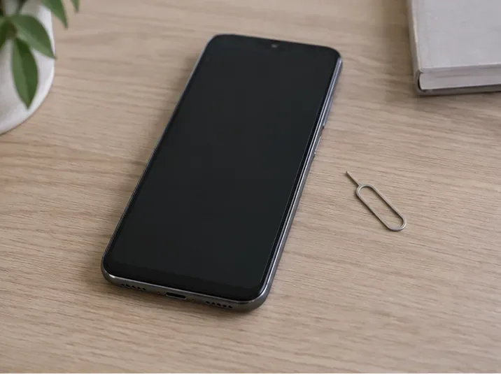 Uno smartphone spento appoggiato su un tavolo accanto allo strumento per estrarre la SIM