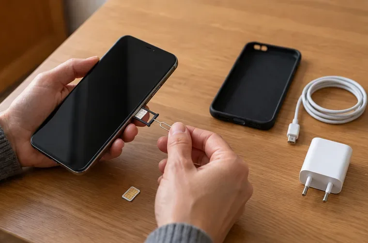 Mani che estraggono il vassoio SIM da uno smartphone, con custodia, cavo e caricatore appoggiati sul tavolo