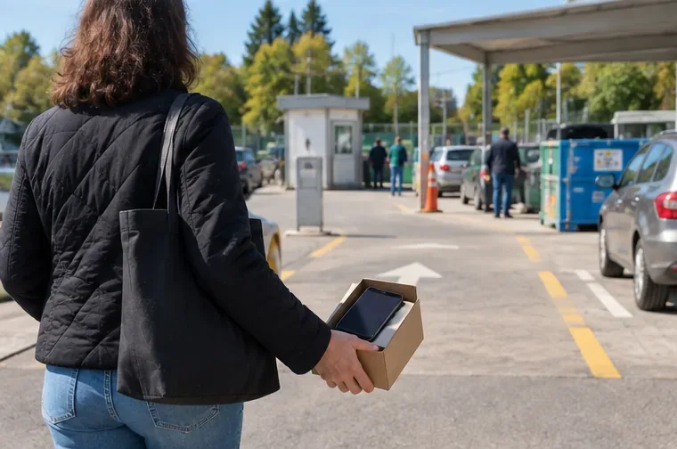 Una persona arriva a un centro di raccolta portando uno smartphone in una piccola scatola