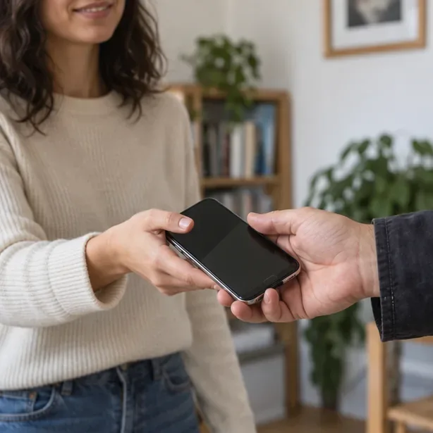 Due persone si passano uno smartphone usato e integro in un ambiente domestico.