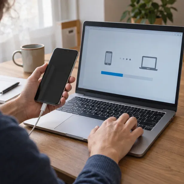 Una persona tiene uno smartphone accanto a un computer portatile durante la preparazione del backup dei dati.