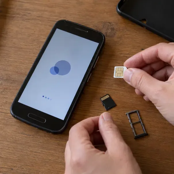 Mani rimuovono con attenzione la SIM e la scheda microSD da uno smartphone spento