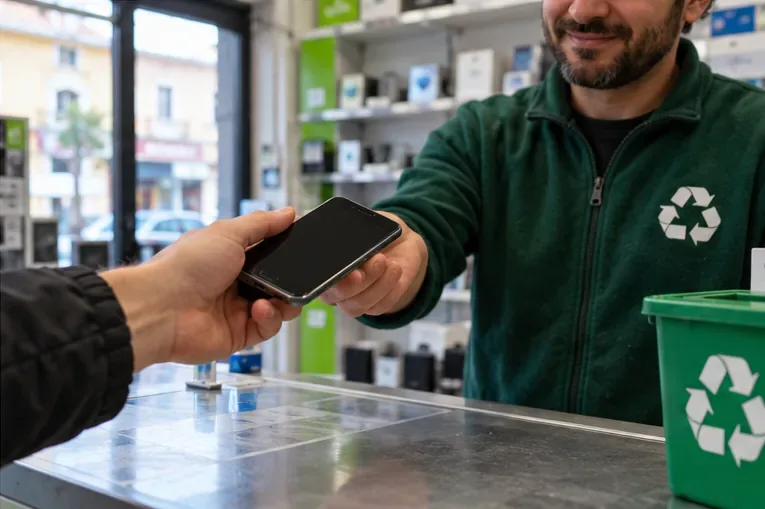 Un cliente consegna uno smartphone integro al banco di un negozio di elettronica per il riciclo.