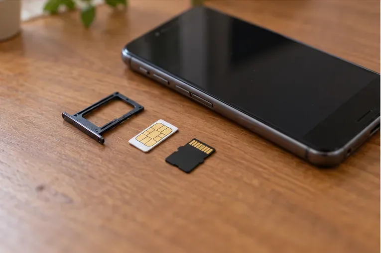 Uno smartphone spento accanto a una scheda SIM, un adattatore e una scheda di memoria rimossi.