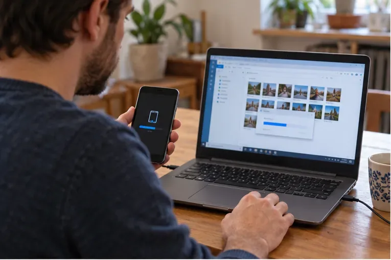 Una persona collega il vecchio smartphone a un portatile per copiare foto e documenti prima del conferimento.