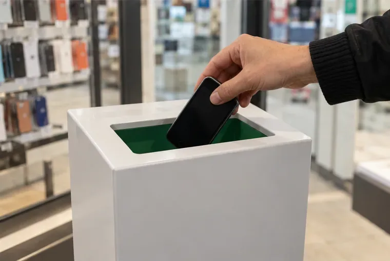 Una mano deposita uno smartphone in un contenitore dedicato ai piccoli dispositivi elettronici in un negozio.