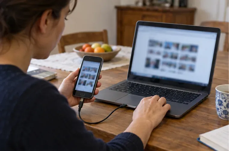 Una persona trasferisce le foto da uno smartphone a un portatile prima di dismettere il telefono.