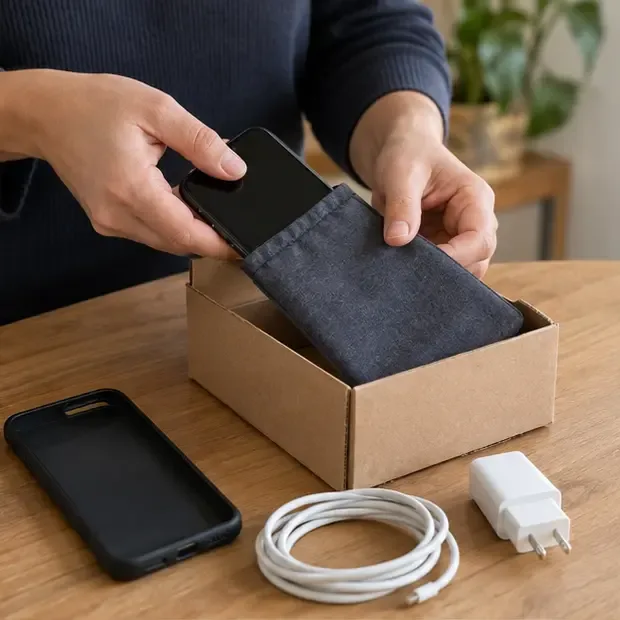 Mani che inseriscono uno smartphone spento in una custodia dentro una scatola di cartone, con caricatore e cover separati