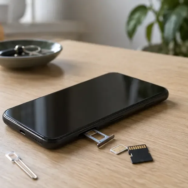 Smartphone spento con carrellino SIM e scheda microSD appoggiati sul tavolo
