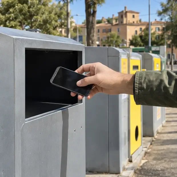 Mano che avvicina uno smartphone a un contenitore per piccoli rifiuti elettronici in un’area urbana