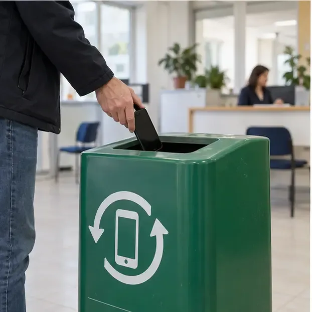 Persona inserisce uno smartphone in un contenitore verde per piccoli apparecchi elettronici all’interno di un ufficio