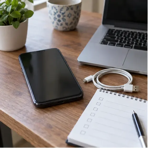 Smartphone spento accanto a un computer portatile, un cavo di ricarica e un taccuino per preparare il trasferimento dei dati