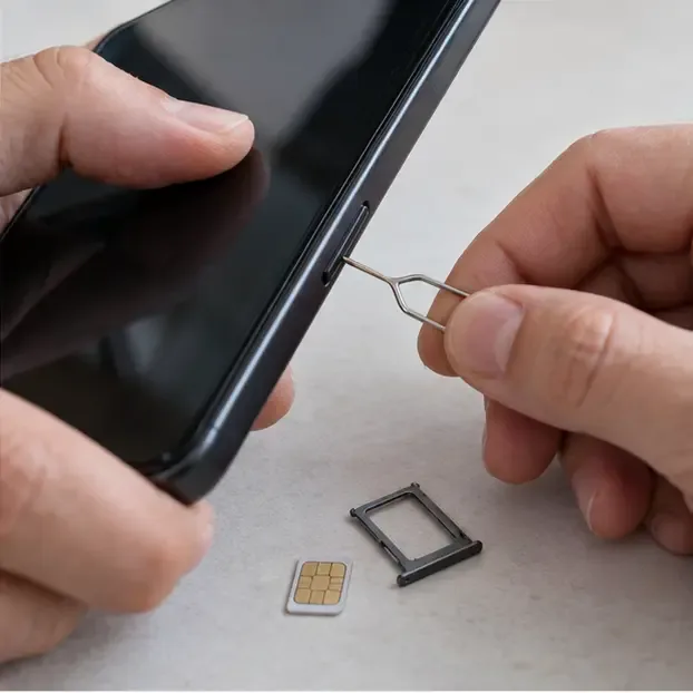 Mano che estrae il carrellino SIM da uno smartphone con lo strumento di espulsione, mentre la scheda è appoggiata sul tavolo