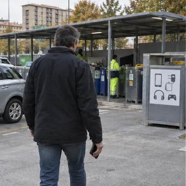 Una persona raggiunge l’area per i rifiuti elettronici di un centro di raccolta, dove sono visibili contenitori e icone generiche di piccoli dispositivi.