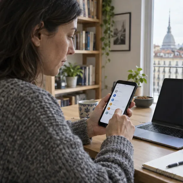 Una persona controlla uno smartphone accanto a un computer prima di trasferire i dati e preparare il telefono alla consegna.
