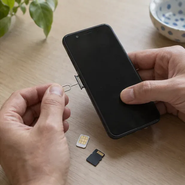 Mani estraggono con l’apposito utensile il carrellino SIM da uno smartphone spento; accanto sono appoggiate una SIM e una scheda microSD.