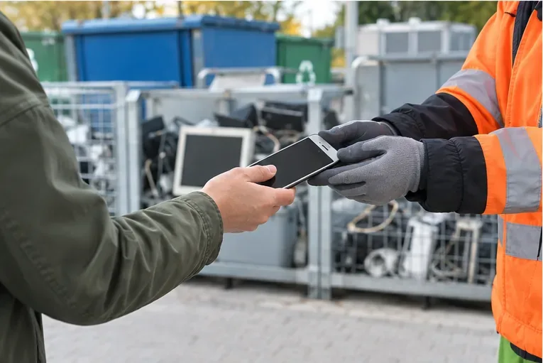 Un addetto in alta visibilità riceve uno smartphone da una persona in un centro di raccolta con contenitori per rifiuti elettronici