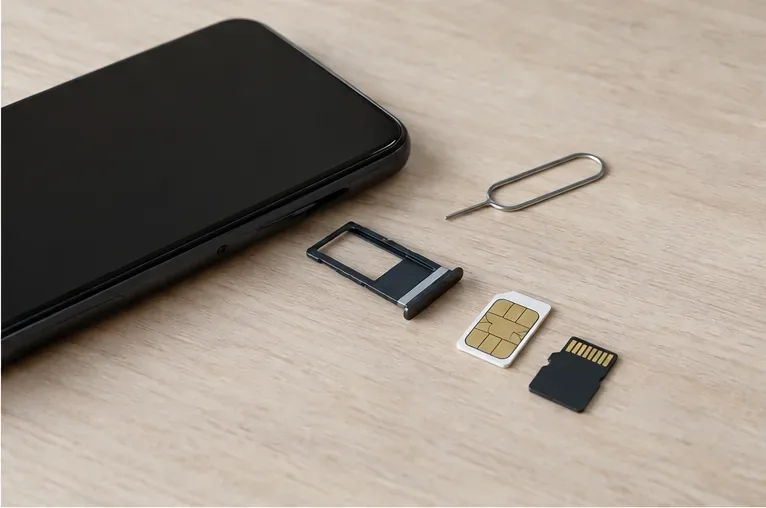 Uno smartphone spento accanto al vassoio SIM estratto, a una scheda SIM, a una microSD e allo strumento di espulsione