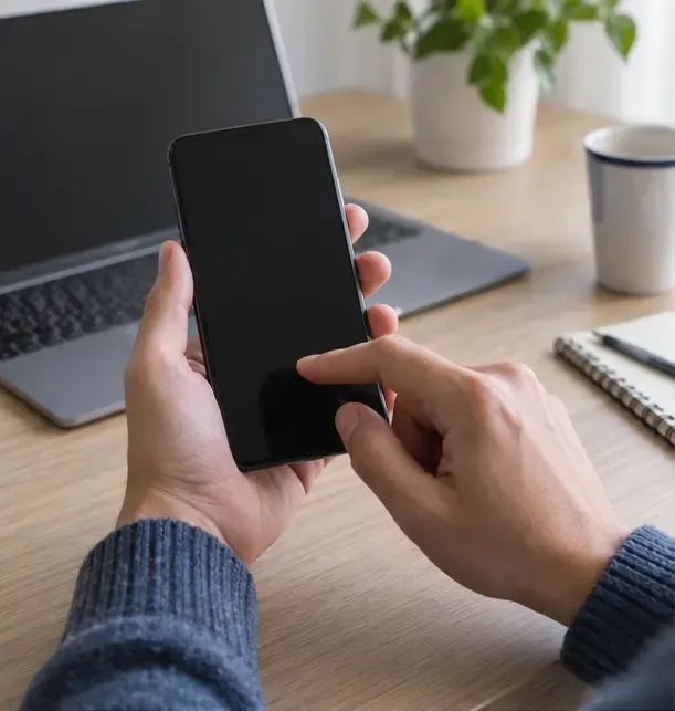 Mani che tengono uno smartphone spento o pronto alla cancellazione su una scrivania, accanto a un computer