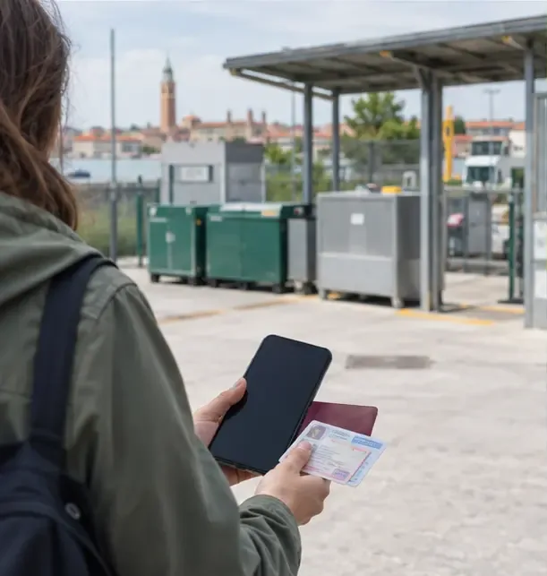 Persona con smartphone e documenti in mano davanti a un centro di raccolta comunale con contenitori per rifiuti