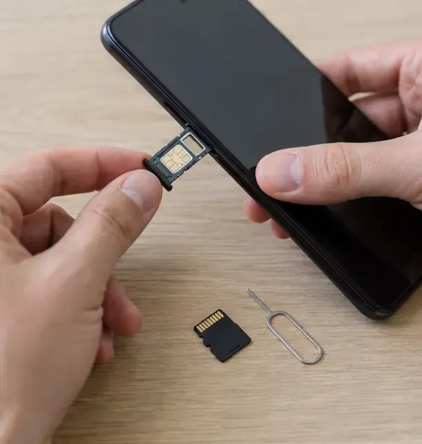 Mani che estraggono la scheda SIM da uno smartphone con il carrellino della SIM e una scheda di memoria sul tavolo