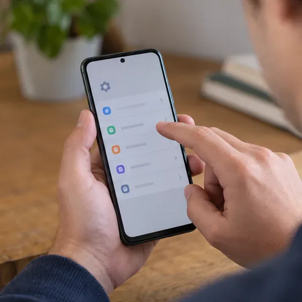 Una persona usa il menu impostazioni di uno smartphone per preparare il ripristino di fabbrica prima del conferimento