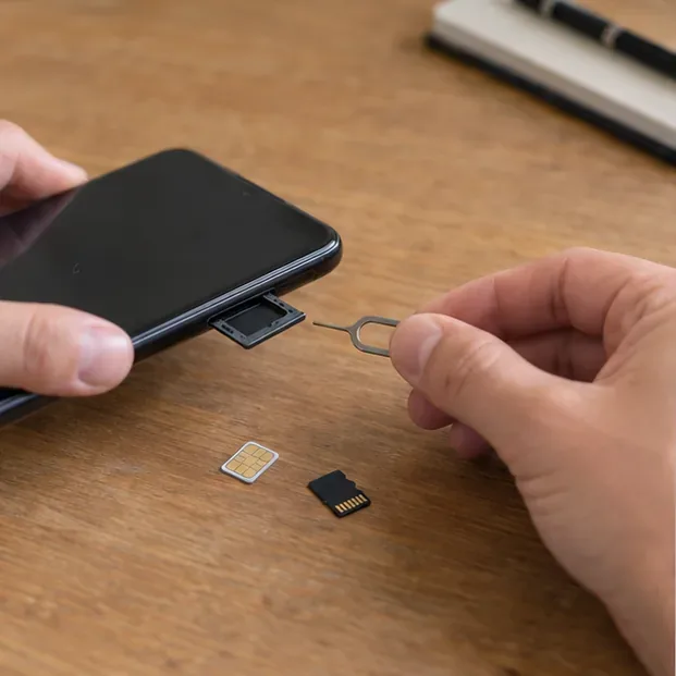 Mani che estraggono il carrellino di uno smartphone con una SIM e una scheda microSD appoggiate sul tavolo