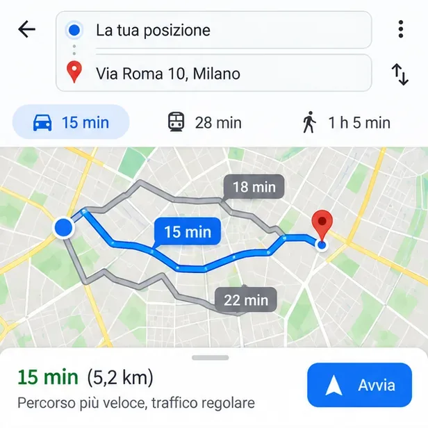 Schermata di confronto tra percorso in auto, trasporto pubblico e a piedi, con tre itinerari e tempi diversi