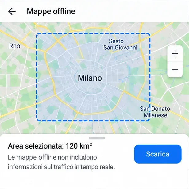 Schermata Mappe offline con area di Milano selezionata in un riquadro e pulsante Scarica