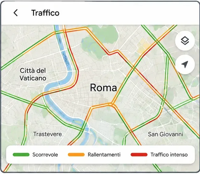 Mappa di Roma con strade evidenziate in verde, arancione e rosso per rappresentare diversi livelli di traffico