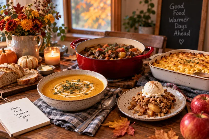 Autumn dinner table with pumpkin soup, hearty stew, baked macaroni and cheese, bread, and apple crisp surrounded by pumpkins, leaves, and candlelight.