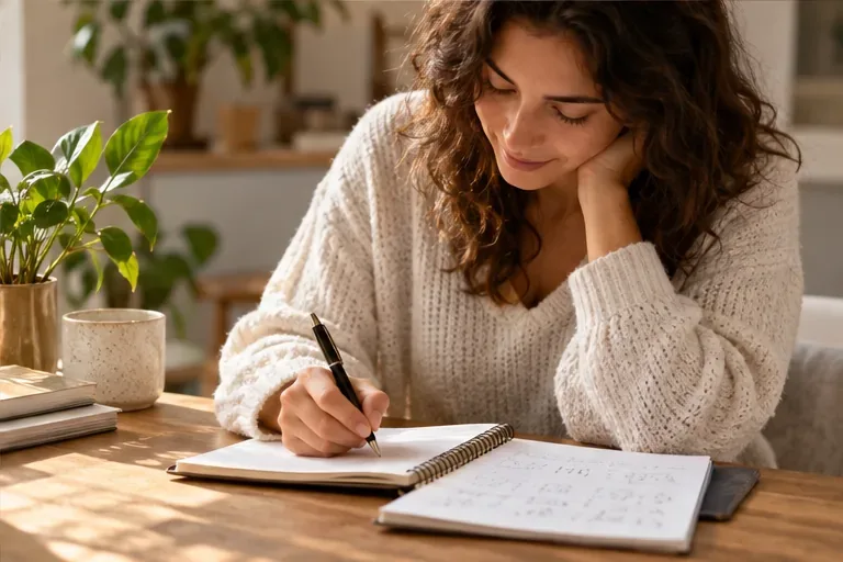 Une femme écrit dans un carnet, avec une feuille de calcul posée à côté de son agenda.